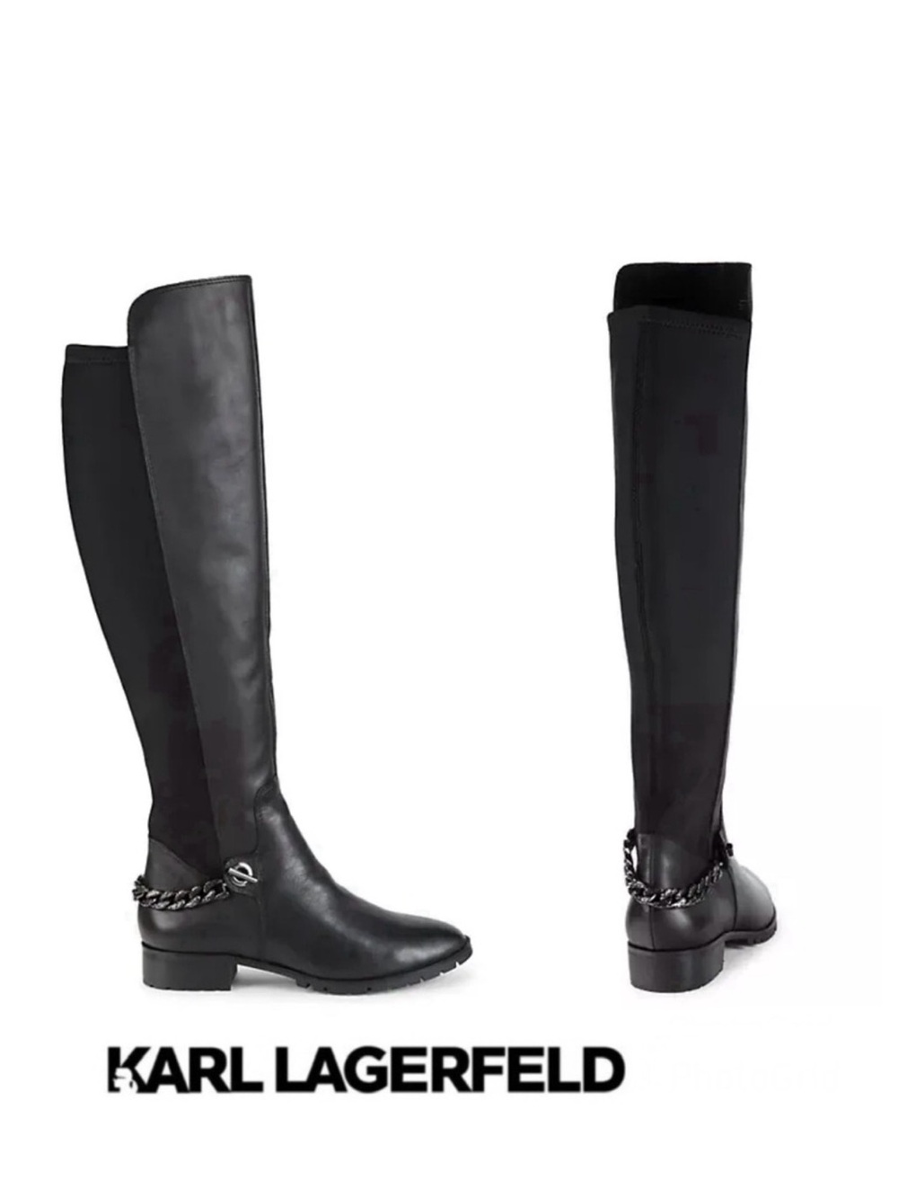 KARL LAGERFELD Paris Shay Leather Textile Chain Over-The-Knee Boots Sz 8 M NWOB